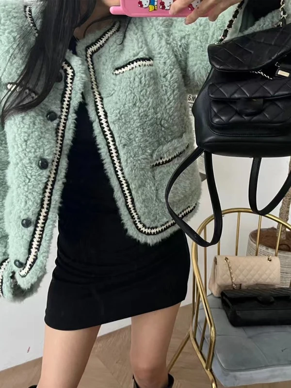 Chic dulce adorno Floral Color Blo piel Jaet mujer sensación de gama alta Plu piel cuero intercomado prendas de vestir exteriores coreano Sle