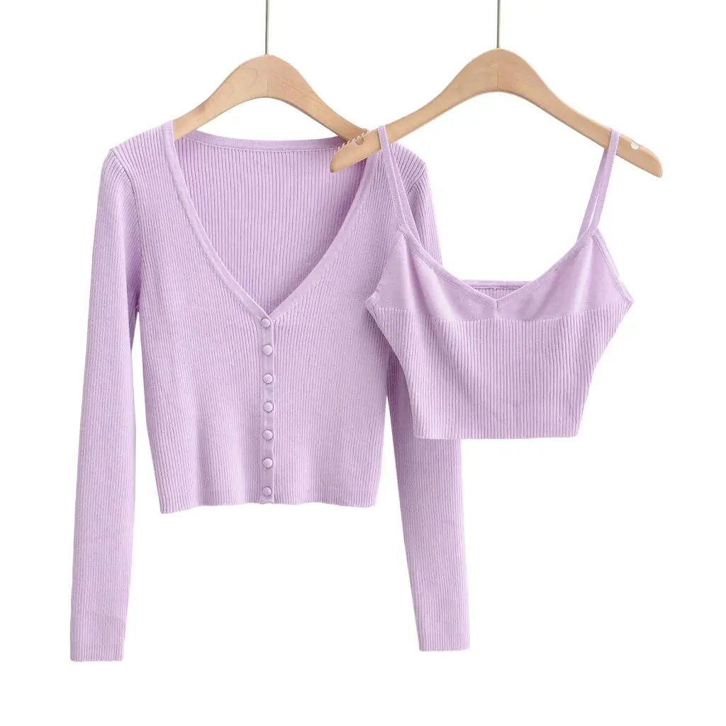 

Korean Style Women's Autumn Cardigan Set V-Neck Knitted Sweater And Sling Two-Piece Casual Comfortable Fashionable Women's Wear