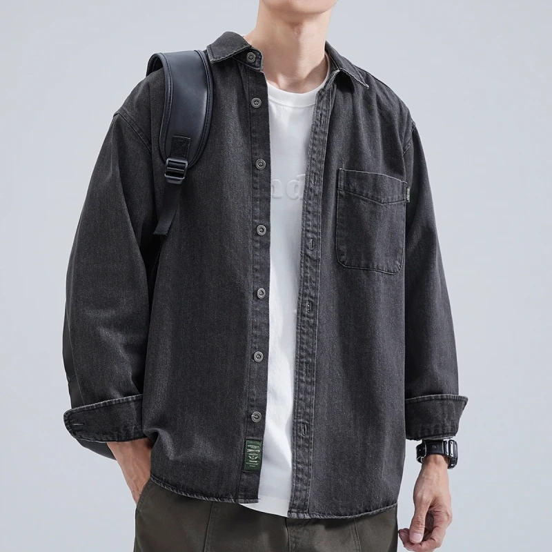 Camicia di jeans da uomo a maniche lunghe 2025 Camicia da lavoro allentata retrò giapponese primaverile e autunnale, giacca casual da ragazzo