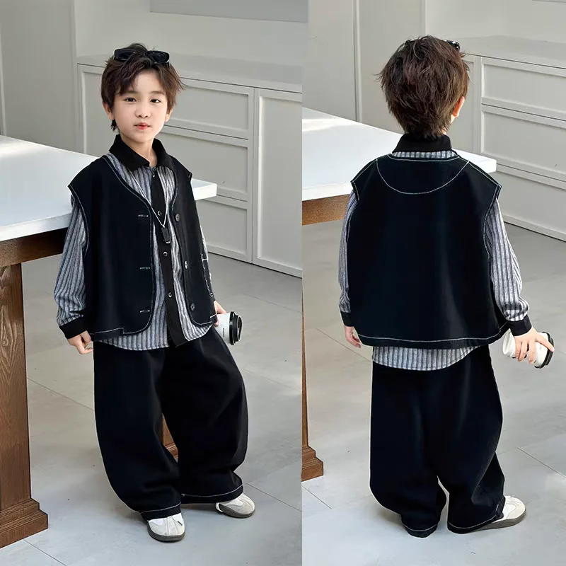秋のファッションベビーボーイズジーンズベストベスト-ストライプ-tシャツ-パンツ-3-個子供セットカジュアルスポーツウェアストリートウェアハンサムスーツ