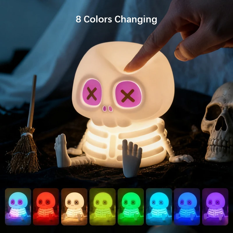 Halloween Skull Silicone Night Light, Tap Activated Color Changing LED Lamp, Rechargeable Cute Skeleton Light for Halloween Part
