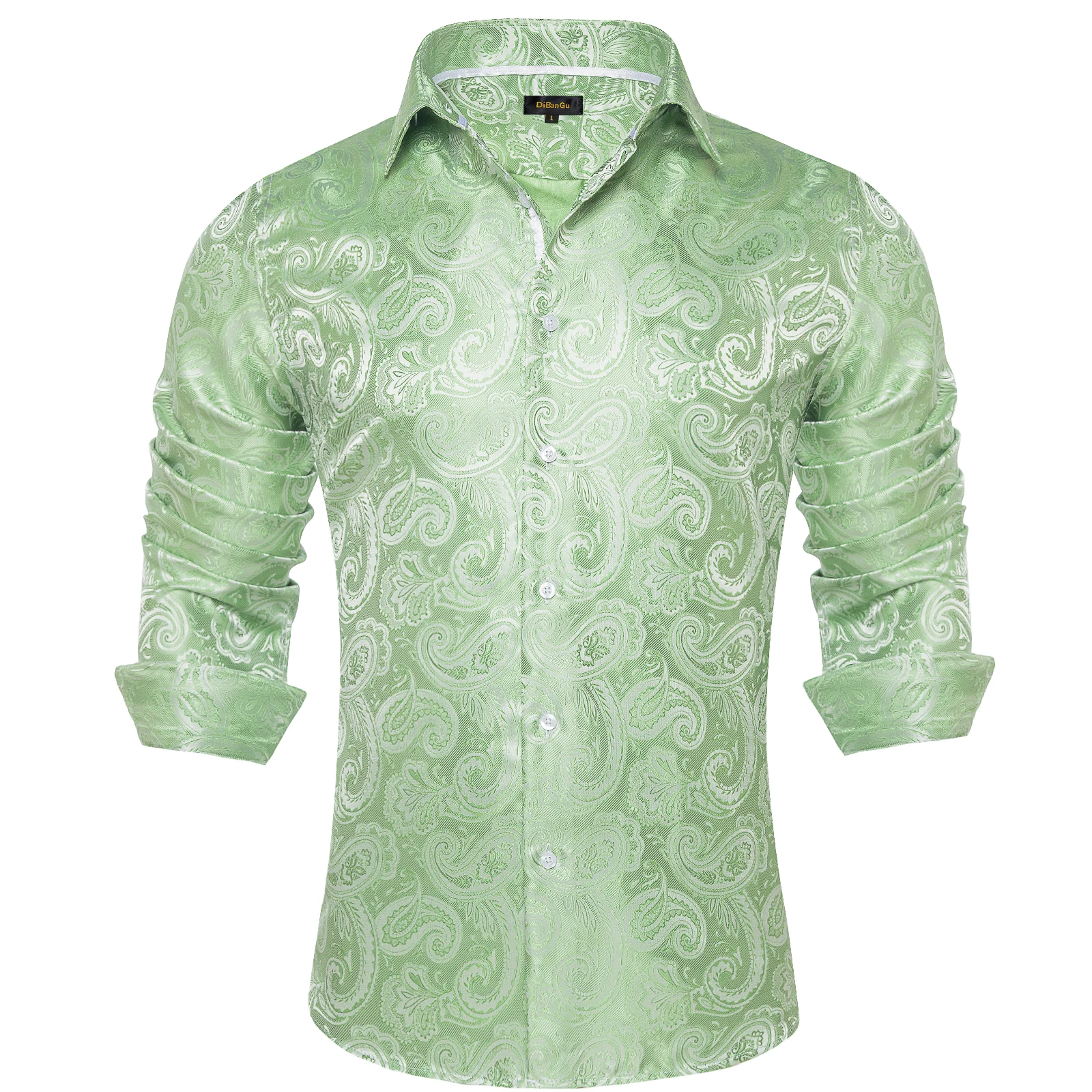 Green Paisley Solid Silk Polyester Luxury Long Sleeve Dress Shirts for Wedding Prom Social Turn Down Collar Shirt Men Clothing