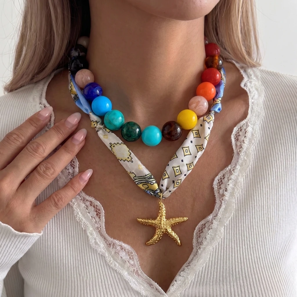 Stainless Steel Colorful Acrylic Bead Star Ribbon Layered Necklace Set Women's Bohemian Y2K Lockbone Chain Party Jewelry Gift