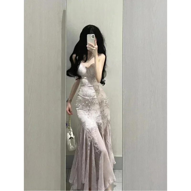 فرنسا عارية الذراعين مثير أنيق ميدي المرأة الخامس الرقبة شيك Y2k تصميم فستان الحفلات المسائية الإناث الدانتيل متابعة موضة الملابس CHJ58952 yi;4