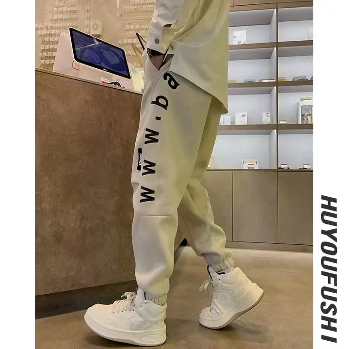 

Autumn Winter Men's Casual Pants Trendy Brand Loose Cuffed Fce Lined Versatile Faion Letter Embroidery Spor Sweatpants