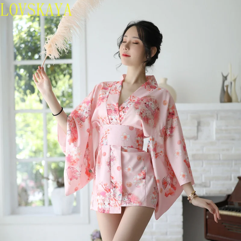 New tempting Japanese printed kimono provocative nightgown bathrobe set