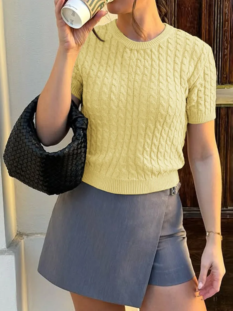 

Lemongor Women's Solid Color O-neck Cable Knit Sweater Tops Short Sleeves Slim Fit Cropped Casual Daily Autumn Spring Pullovers