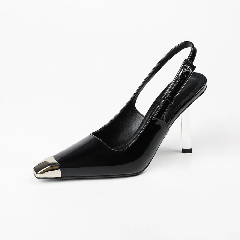

Новые офисные женские туфли на каблуке 9 см, черные туфли из лакированной кожи с металлическим носком и острым носком, туфли на высоком каблуке-шпильке с пряжкой