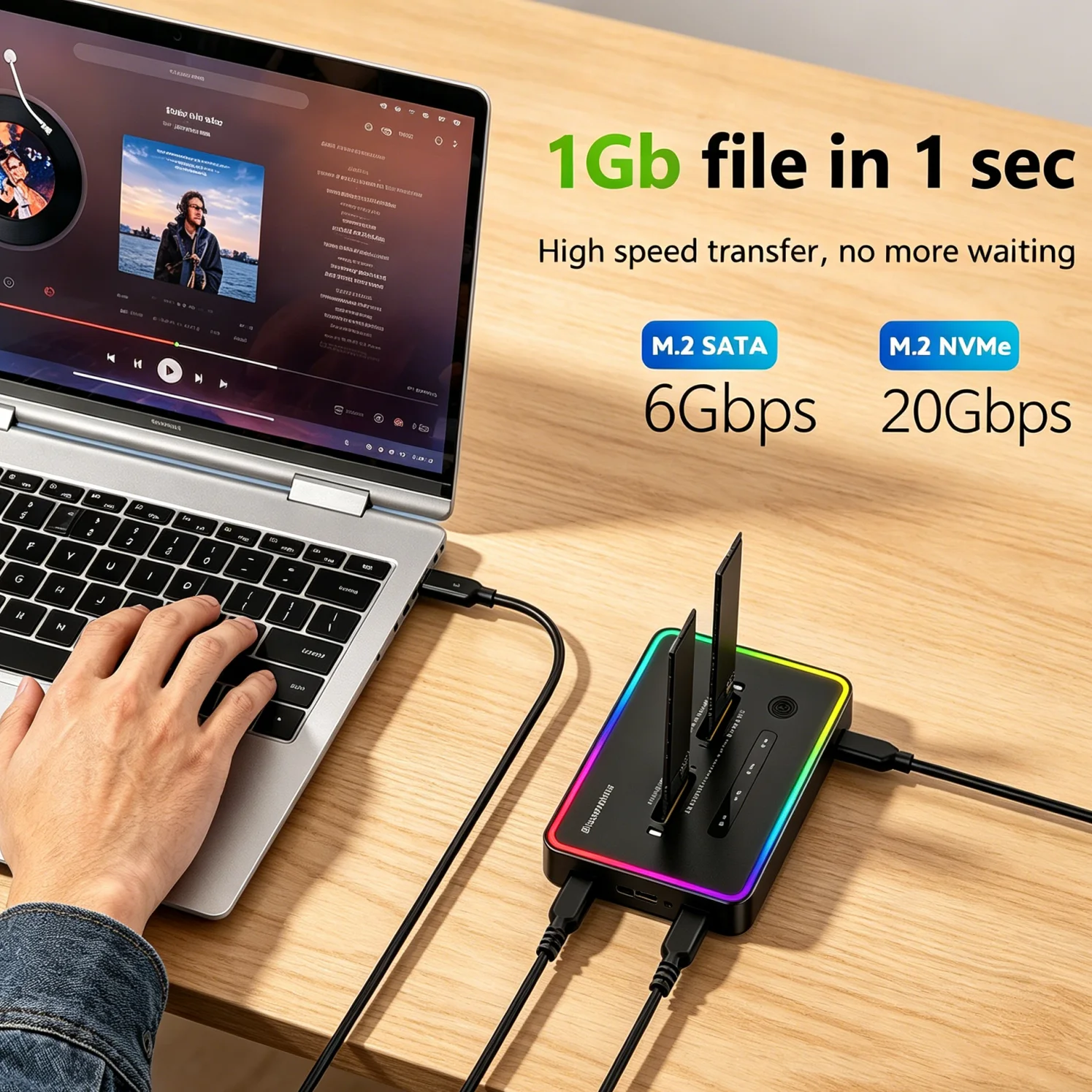 

Premium Dual Protocol Offline Clone 2 Bay M.2 SSD Case Type C 10Gbps Docking Station for PCIe NVME or SATA High Speed