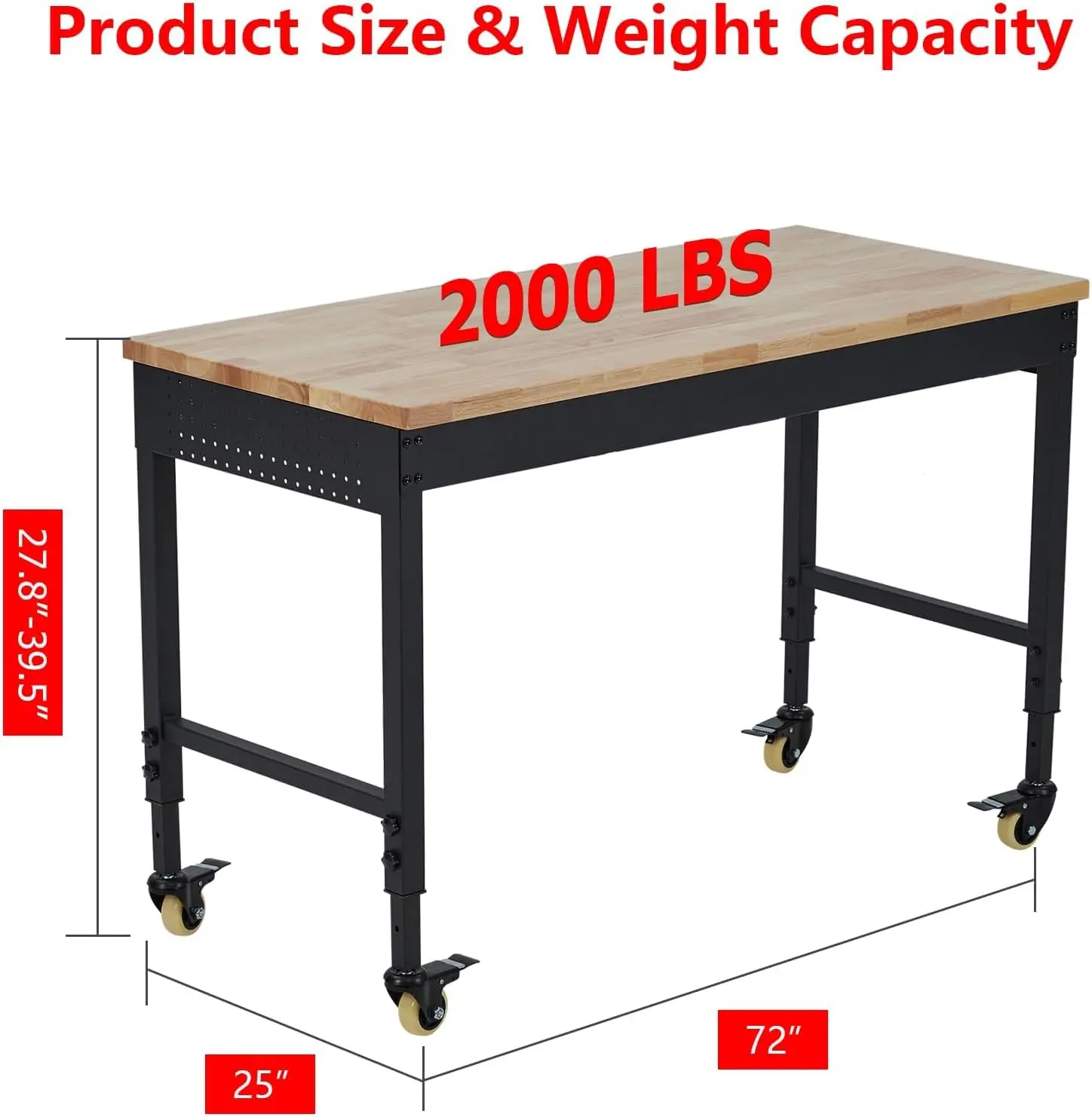 Bangku kerja dapat disesuaikan untuk garasi, 72 "x 25" bangku kerja portabel, kapasitas 2000 Lbs, stasiun kerja karet kayu dengan 4 roda bergulir