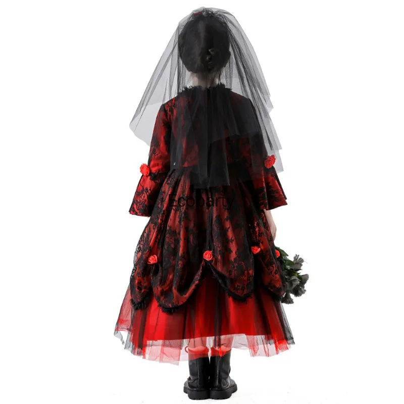 새로운 소녀 유령 신부 고딕 카트리나 의상 어린이 할로윈 뱀파이어 코스프레 중세 드레스 머리 장식 포함 어린이 파티 드레스