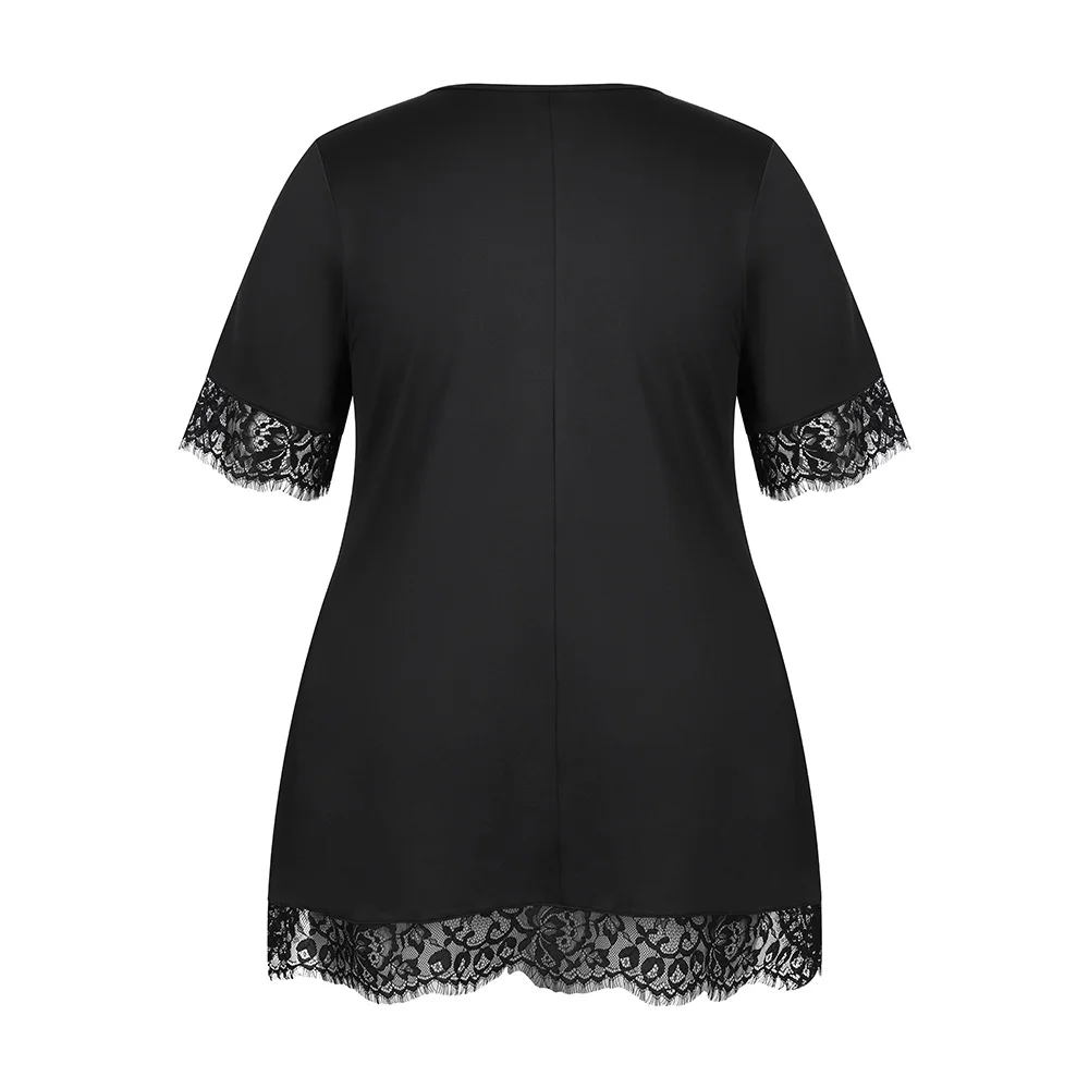 حجم كبير المرأة الصلبة الدانتيل الجولة الرقبة قصيرة الأكمام تونك القمم السيدات الصيف عطلة بلوزة كاجوال تي شيرت تي شيرت حجم 1XL-5XL