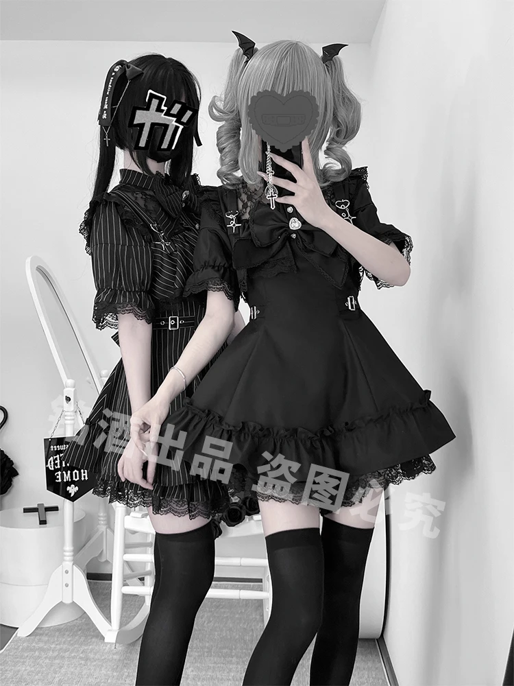 Set Y2k Manis Subkultur Gaya Tambang Jepang Gaun Lengan Pendek Sambungan Renda Celana Pendek Pinggang Tinggi Elastis Set Dua Potong Wanita