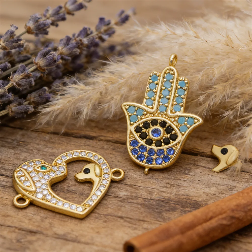3Pcs Connector Brass Colorful Zircon Hamsa Hand Dog Heart Leopard Cross Charms Diy Jewelry Necklace Bracelet Making Accessories
