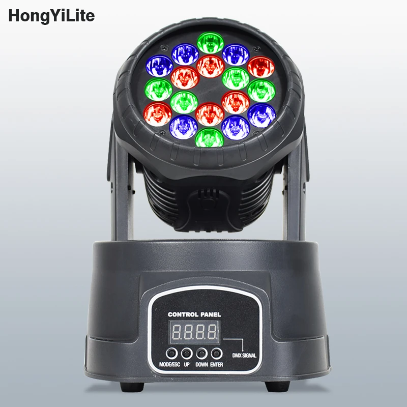 

HongYiLite Led Moving Head Light 18X3W RGB DMX Wash Spot Lamp Professional Stage DJ Lights Equipment Wedding Disco Bar