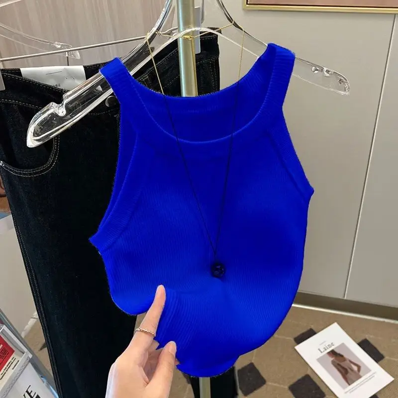 Y2k Knitted U-Neck Suspender Vest Women's Ice Silk Inner Wear Spicy Girl Camis Halter Retro Sleeveless Tank Crop Top image 2