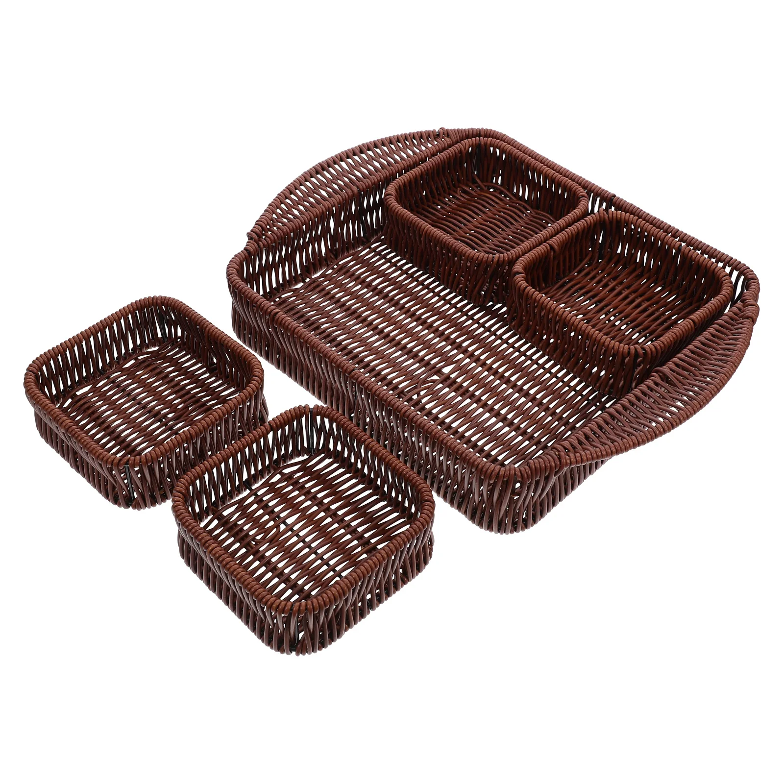 

1Set Imitation Rattan Snack Tray Brown Four-Compartment Design Portable Hand-Woven Bread Serving Basket Food Organizer