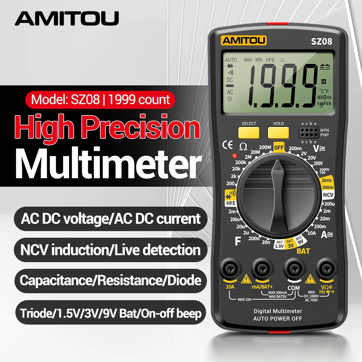 AMITOU SZ08 Professional Digital Multimeter Noncontact Voltage Detector AC/DC Current Meter Electric Tester Tool for Electrician