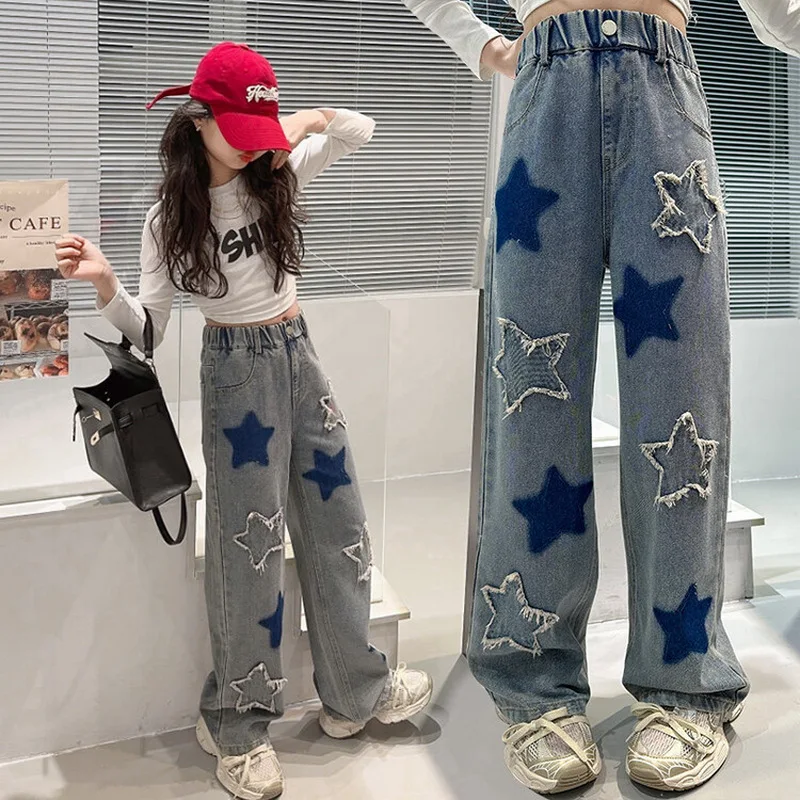 Girls School Wide Leg Pants with Star Design Casual Loose New Spring Fashion Long Jeans Children Korean Style Trousers