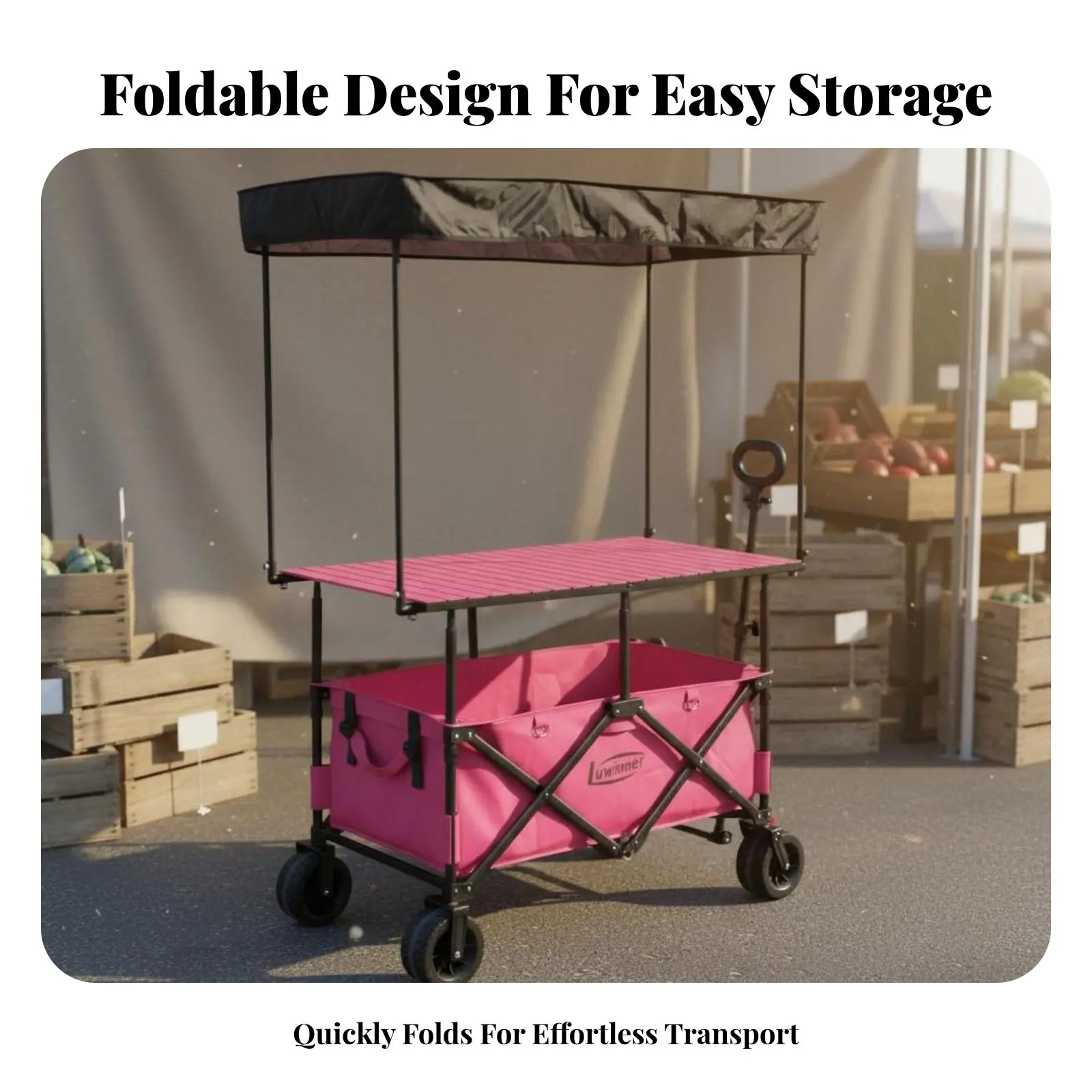 Foldable Utility Cart with Table Space-Saving Storage Street Vending Cart Foldable Wagon with Sunshade Sets Up in Seconds