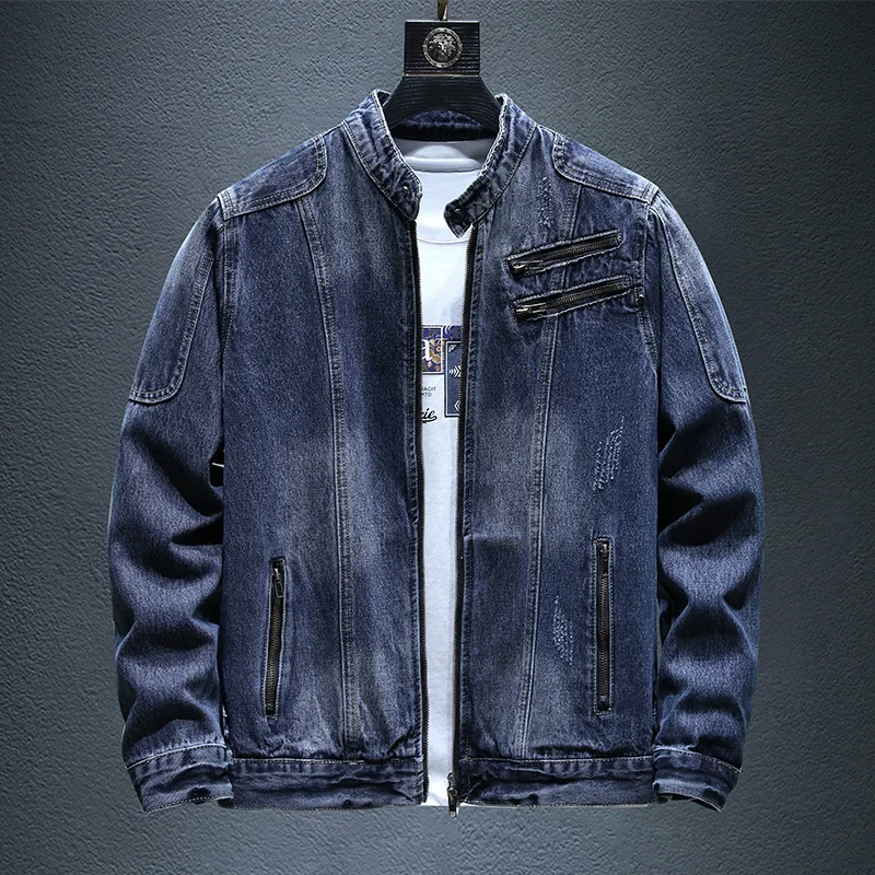 Motorcycle Denim Coat Men's Autumn Trendy Slim Stand Collar Zipper Pocket Design Casual Retro Washed Handsome Casual Clothes