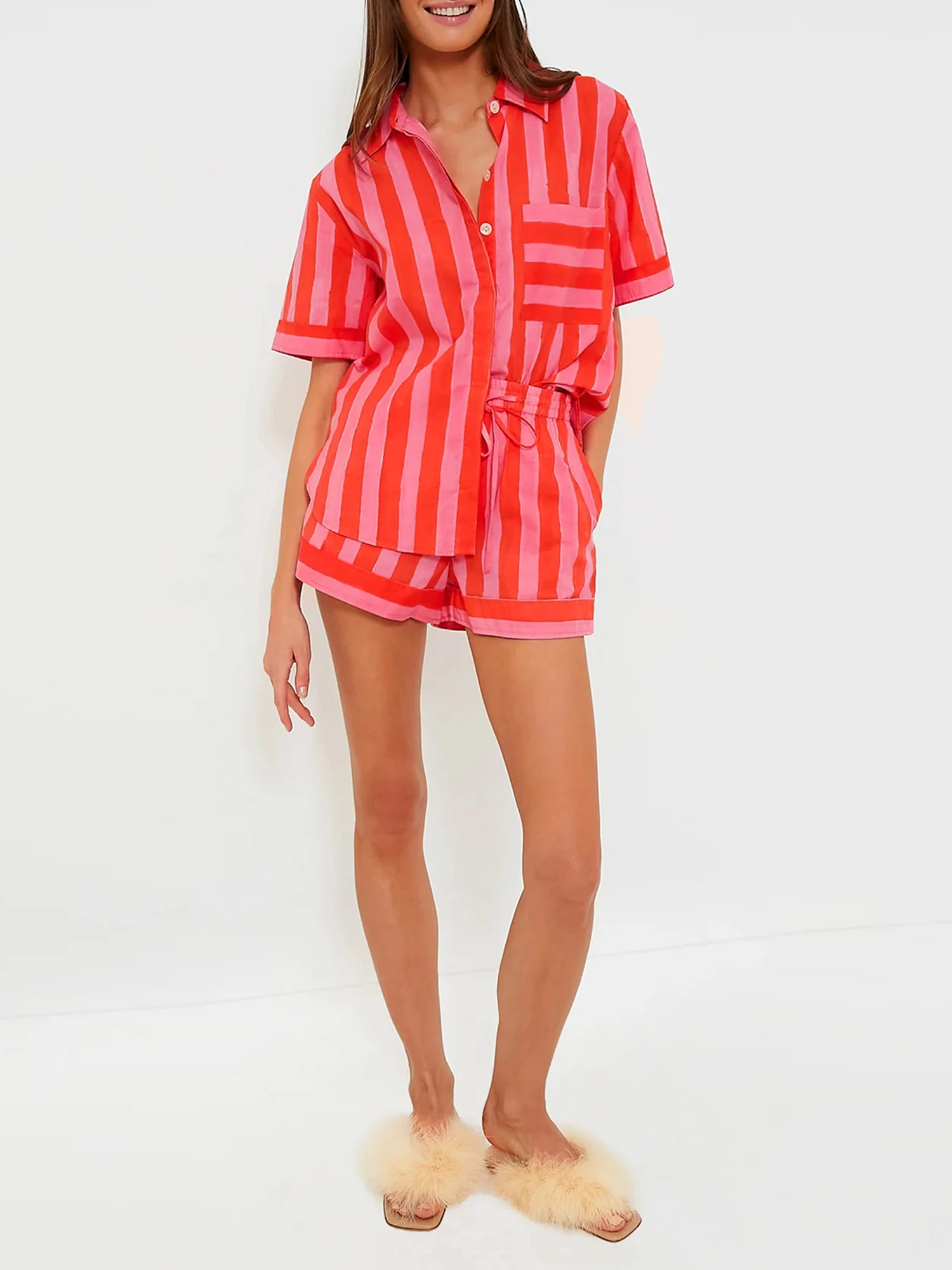 Women s 2-Piece Pajama Set with Striped Short Sleeve Top and Shorts - Comfortable Loungewear Sleepwear Outfit for Relaxing