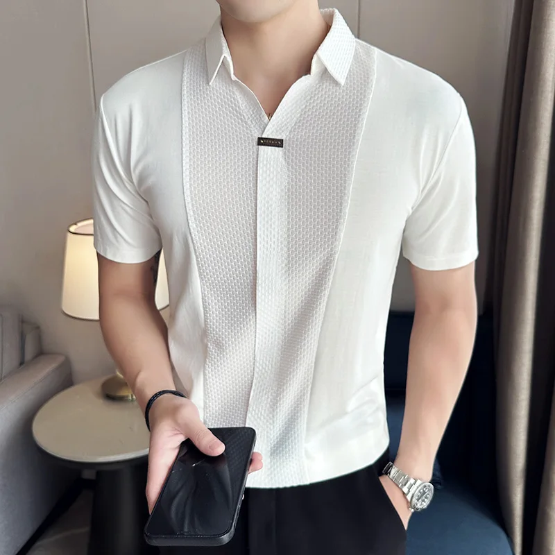 Black / White Summer High Elastic V Neck Polo Shirts Men\'s Waffle Splicing Ice Silk Seamless T-shirt 2023 Casual Loose Tops Tees