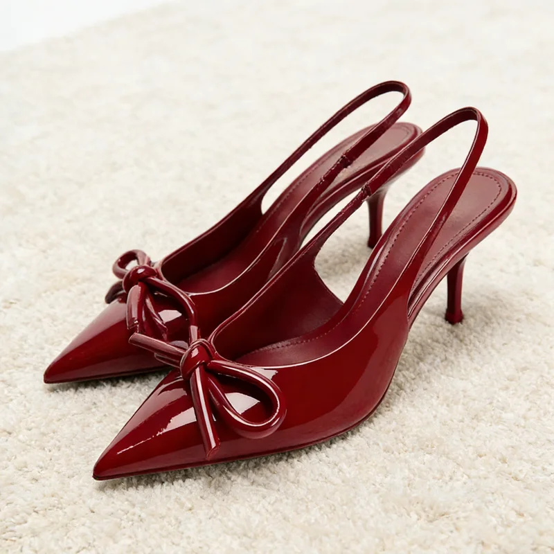 

Роскошные дизайнерские женские туфли на высоком каблуке с красным бантом, летние пикантные женские туфли-лодочки из лакированной кожи с острым носком, элегантные босоножки на каблуке с открытой пяткой