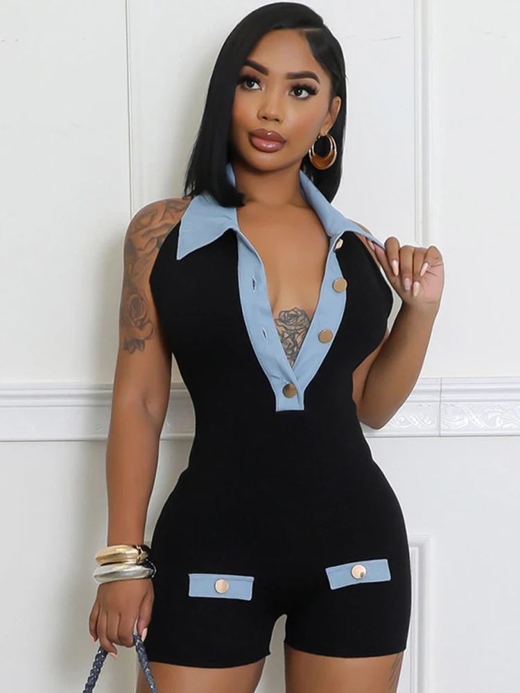 Sibybo Denim Contrast Color Patchwork Playsuit Women Fashion Buttons Halter V Neck Backless Slim Jumpsuit Shorts Streetwear