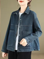 Women Casual Denim Jackets New Arrival 2023 Autumn Vintage Style Turn-down Collar Loose Female Long Sleeve Jeans Coats B3064