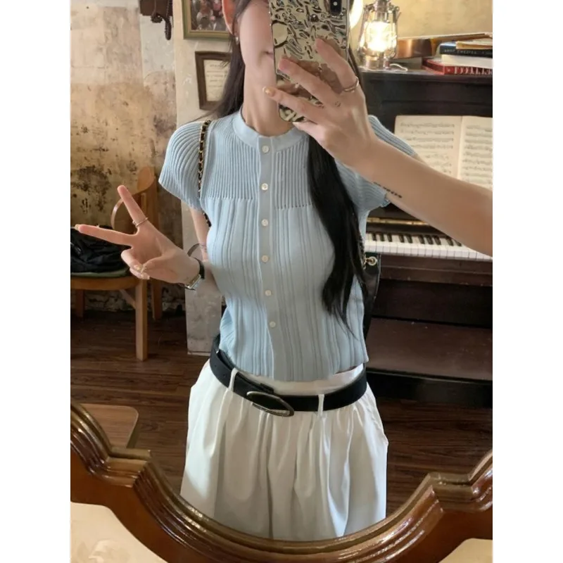 Blue Knitted Square-shoulder Short-sleeved T-shirt Women Summer Hot Girl Short Slim-fit Tight Ice Silk Cardigan High-waisted Top