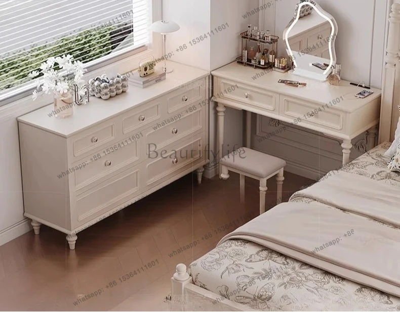 Retro Solid Wood Chest of Drawers Dressing Table Desk 2-in-1 Master Bedroom Bedside Cabinet Makeup Table