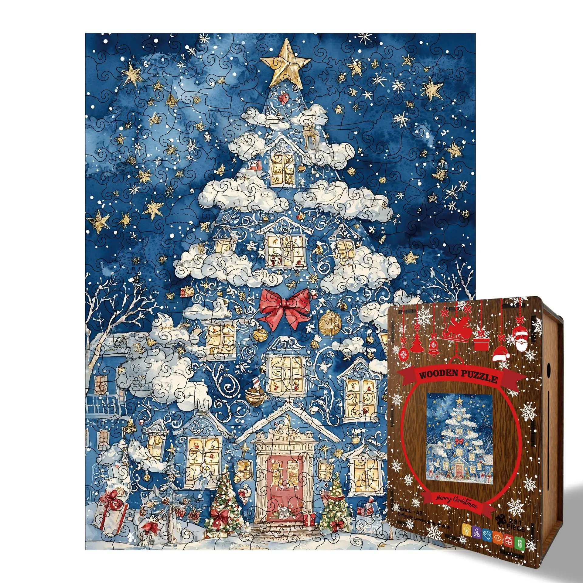 281pcs Christmas Tree Irregular Puzzle Pieces Wooden Jigsaw Puzzle Stress-Relief Game Birthday Xmas Gifts Piggy Bank Home Decor