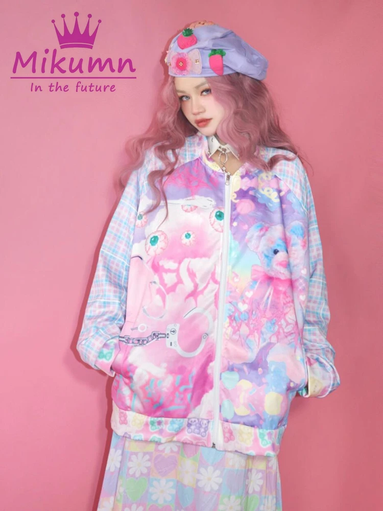 Mikumn Harajuku Y2k Baseball Jacket Women\'s Autumn Loose Japanese Kawaii Cute Cartoon Printed Casual Coat Sportswear Streetwear