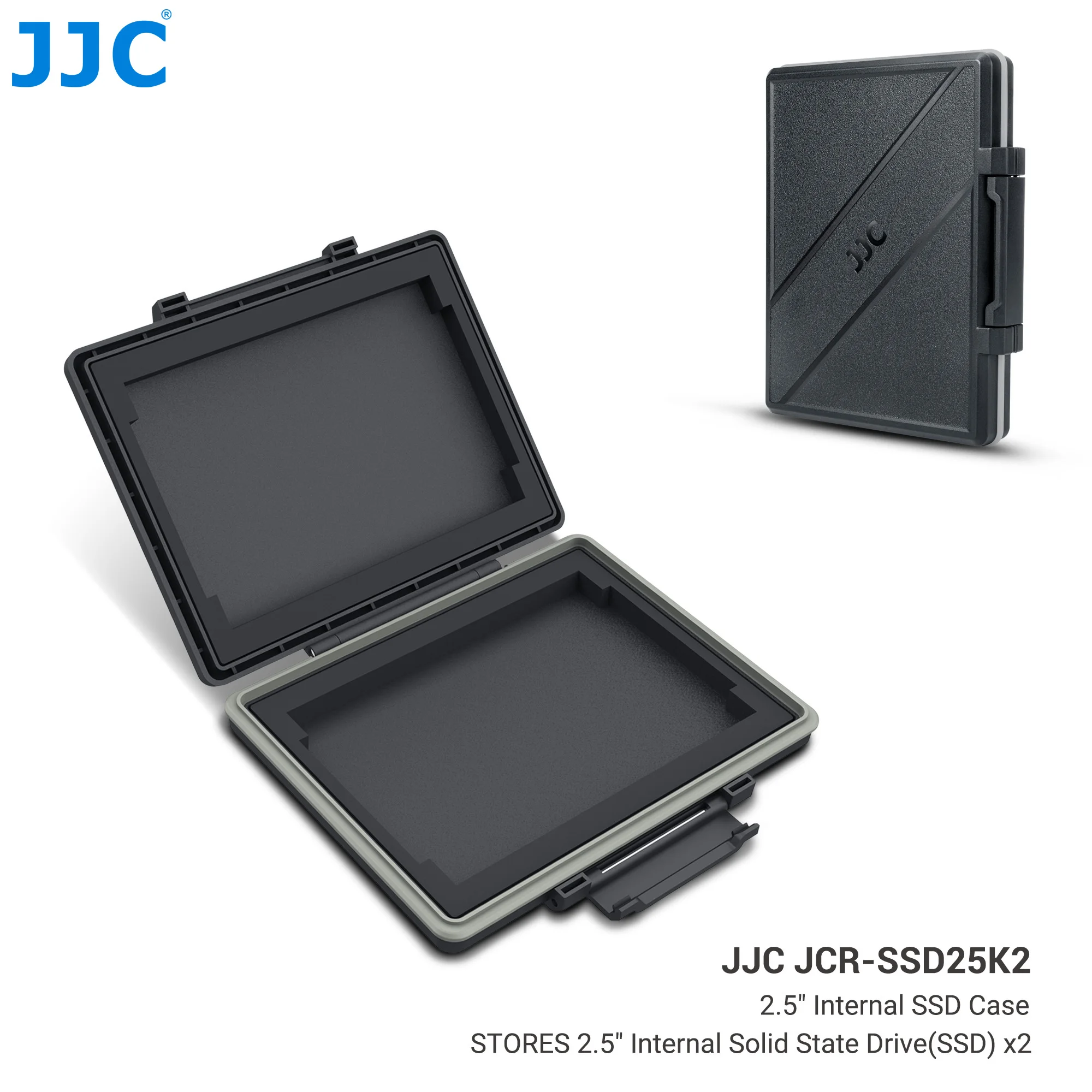 JJC 2 Slots Festplattengehäuse für SSD Solid State Festplatte, Aufbewahrungsbox, wasserabweisend und stoßfest 2,5'' SSD Auto