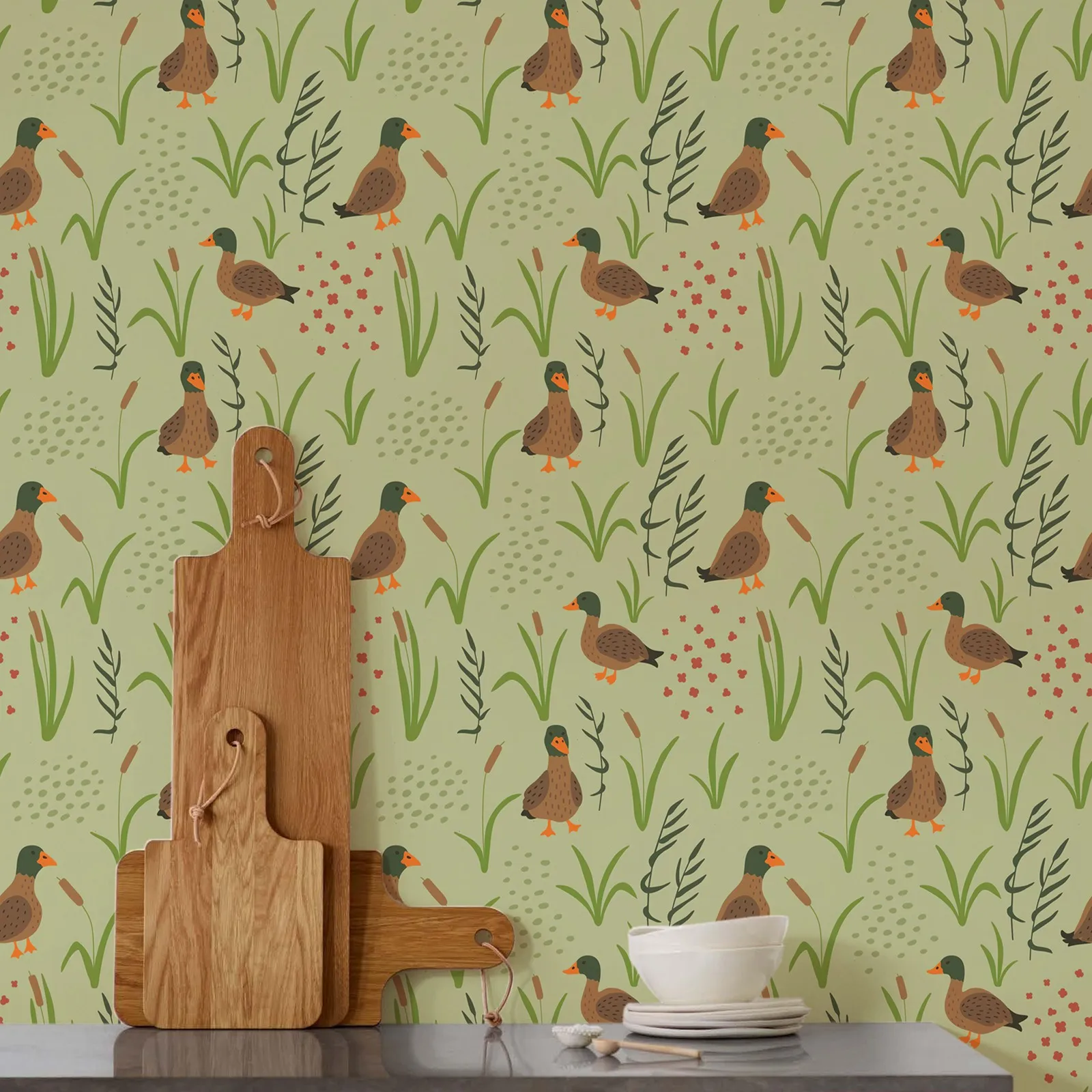 Ducks and Grass Wallpaper In Dusty Green,Nursery Hand Drawn Cute Wallpaper,Kids Wall Mural Paper, Peel and Stick Or Traditional