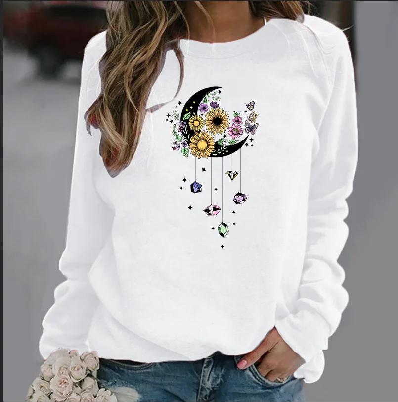 New Women's Hoodie European Moon Flower Printed Crew-neck Hoodie Sweatshirt  Streetwear Women Aesthetic