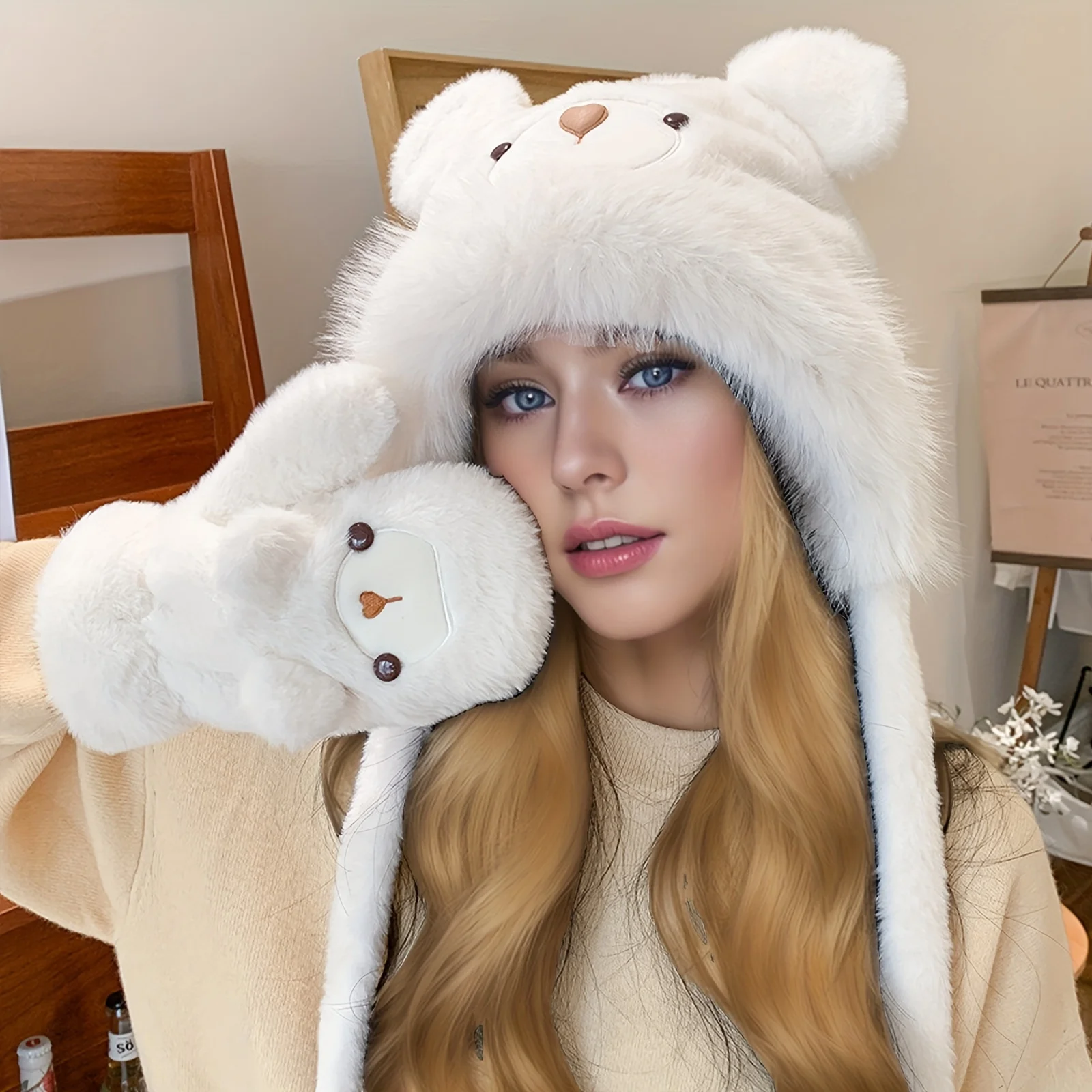 طقم قفازات وقفازات شتوية لطيفة على شكل دمية دب قطيفة مكونة من قطعتين، مع قبعة دافئة سميكة مقاومة للرياح والبرد وحماية الأذن