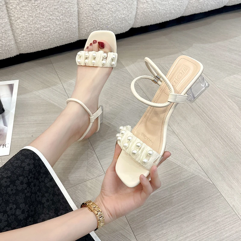 Women's Crystal High Heel Sandals Summer New Pearl Square Toe Open Toe Slip-on Female Sandals Trend All-match Chunky High Heels