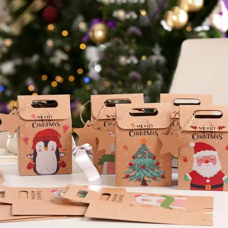 

6 Pcs Kraft Paper Christmas Gift box, Cartoon Pattern Christmas Decoration Gift Box, Suitable For Christmas, Parties, Gatherings