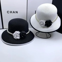 Breathable Pearl Chain Straw Hat Women's Summer Fashionable Sun Protection Outdoor Beach Glacier Cap Black White Flower
