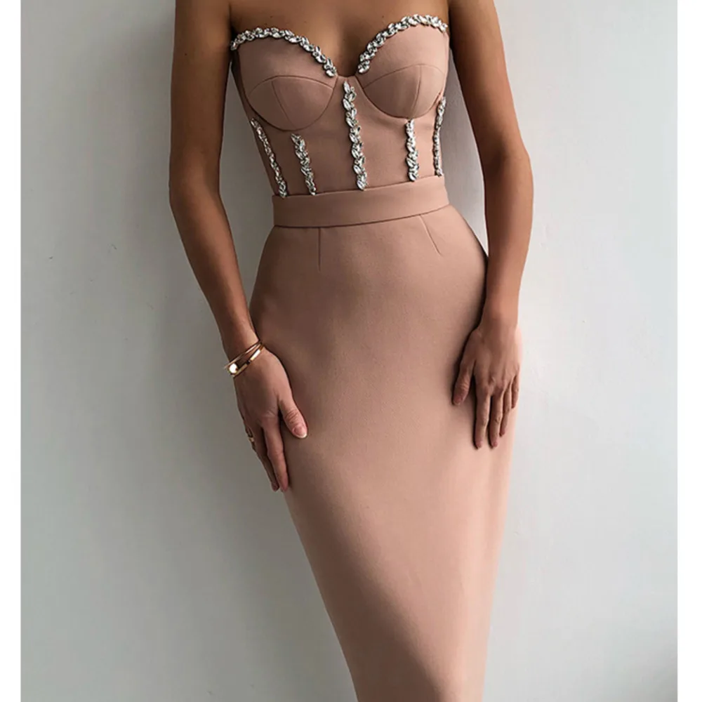 

High Quality Sexy Tube Top Strapless Crystal Decorated Bodycon Bandage Dress Fashion Celebrity Club Party Dress Vestido