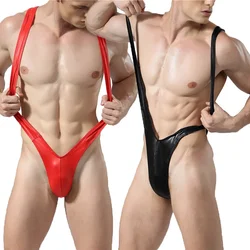 1/2PCS Men Jumpsuits PU Leather Wrestling Singlet Leotard T-back Exotic Gay Underwear Undershirts One-Piece Jockstrap Bodysuits