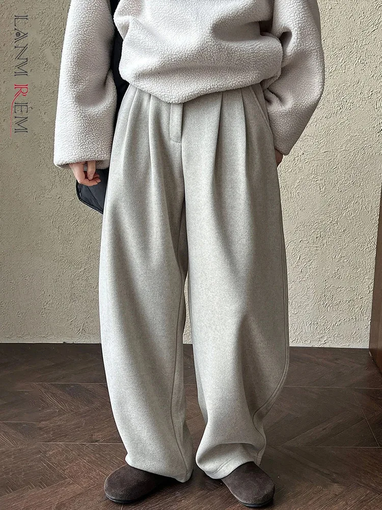 [LANMREM] Minimalism Wool Pants For Women High Waist Straight Wide Leg Trousers Office Lady Warm Clothes 2025 Winter New 26C1295