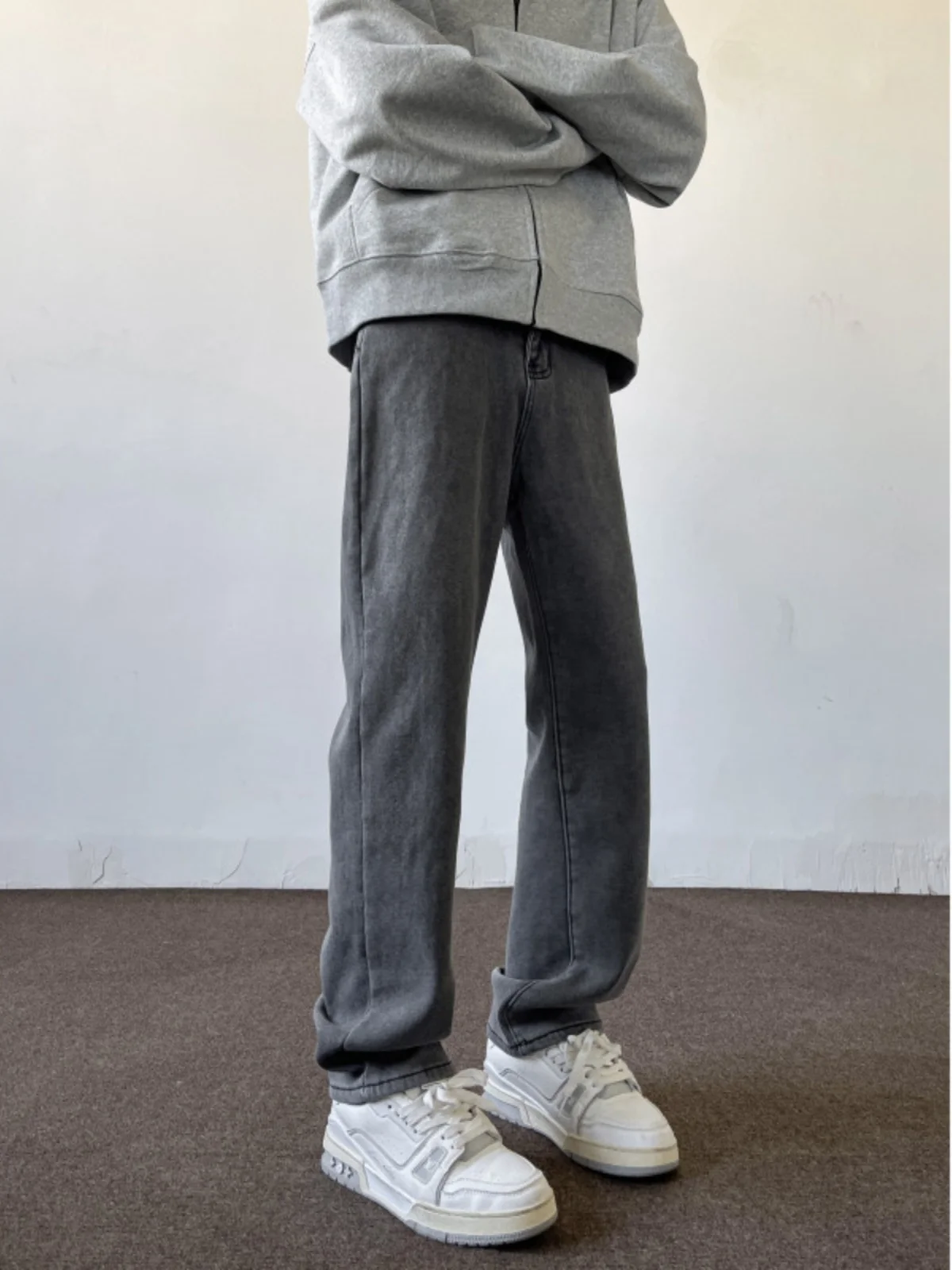 

Серые эластичные джинсы прямого кроя на флисовой подкладке для мужчин, осенне-зимние, в американском стиле High Street, повседневные, молодежные