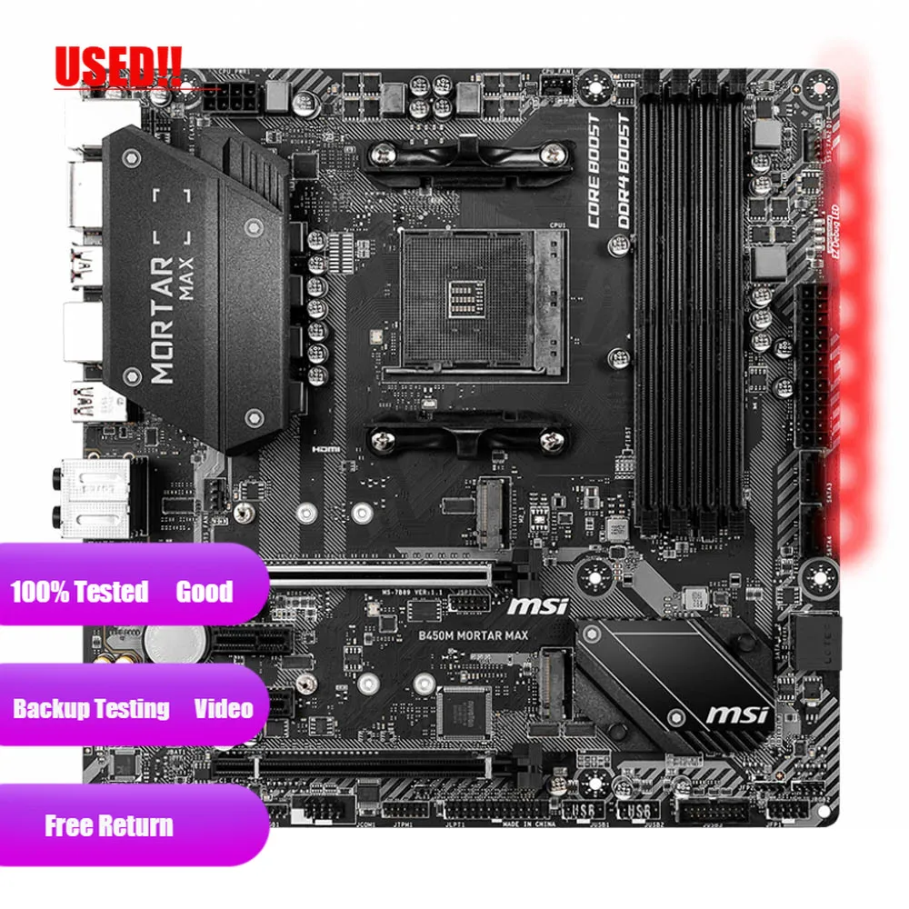 Used MSI B450M MORTAR MAX motherboard supports up to Ryzen 9 Adopt chipse 4xDDR4t Socket AM4 PCI-E 3.0 Max 128GB 2×M.2