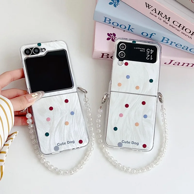 Korean ins Wavy Point Lattice Bow Phone Case with Bracelet for Samsung Galaxy Z Flip 6 ZFlip 5 flip4 flip3 Z6 Z5 Back Cover Capa