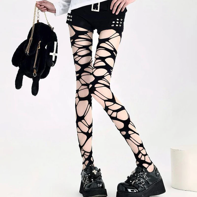 Y2K moda donna Goth Punk coltello Sexy taglio danni Leggings a rete collant calze scava fuori modello collant calzini a rete