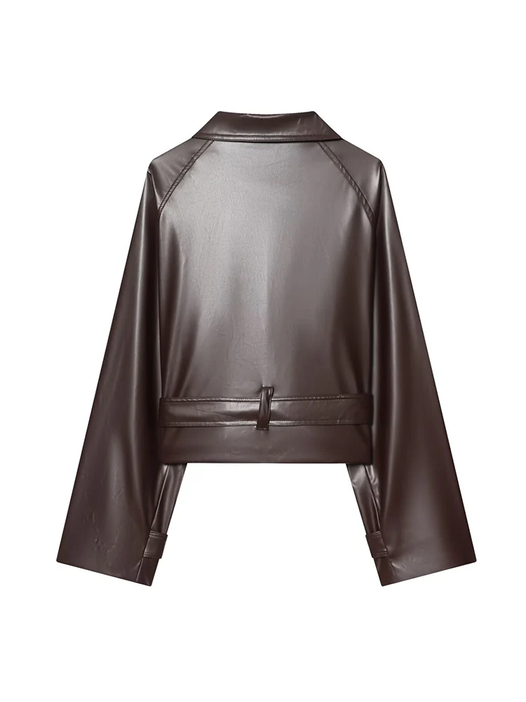 TFMLN Cappotto da donna con cintura in ecopelle Risvolto doppio petto Giacca corta in pelle PU Cappotti Giacca da donna alla moda vintage High Street