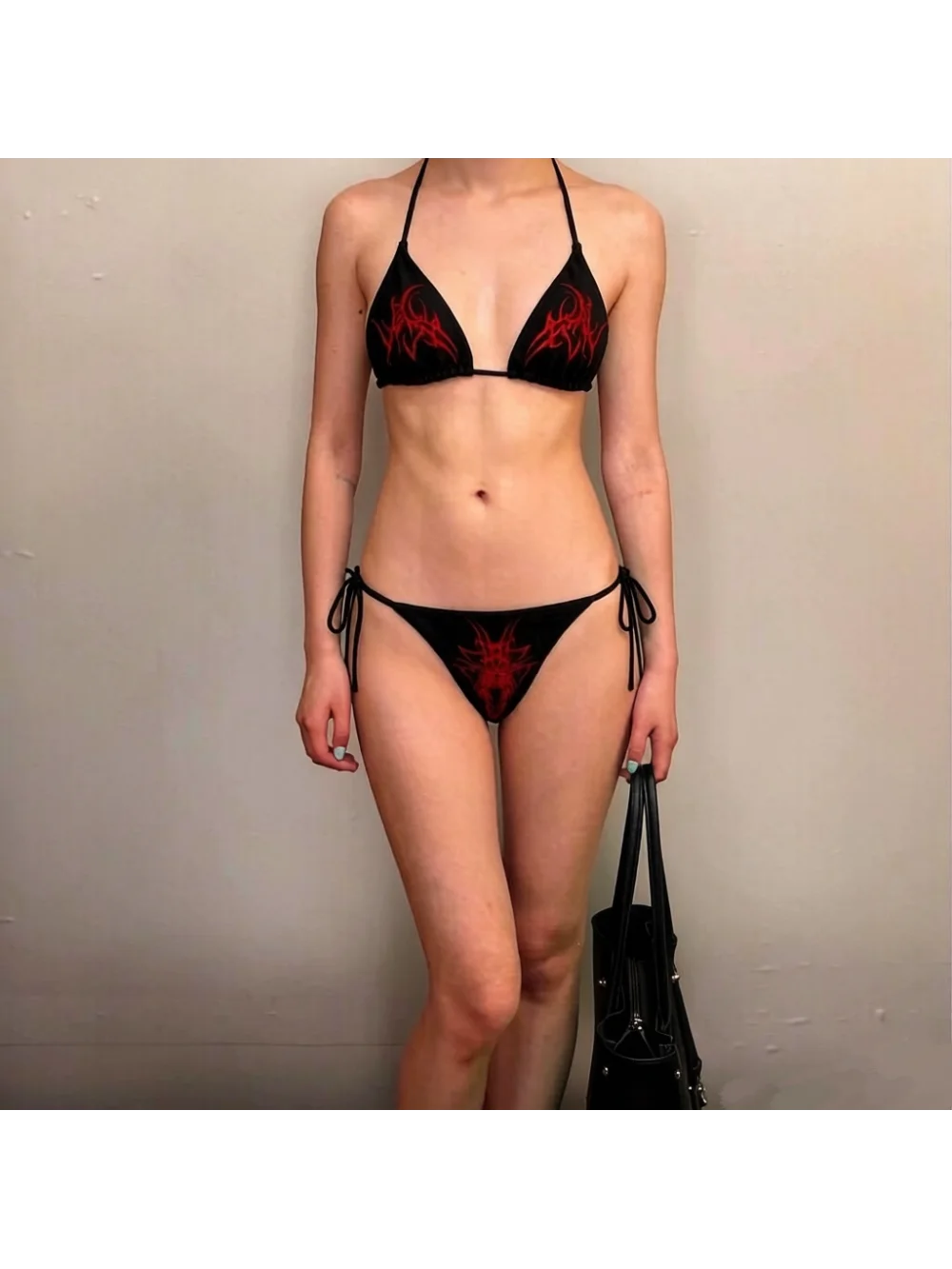 2026 New Summer Retro Dark Gothic Red Rune Printed Bikini Set with Neck Hanging Triangular Cup Top Strap thong Beach Vacation
